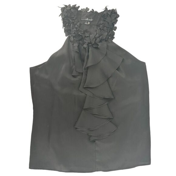 Willie Smith Black Satin Ruffle Sleeveless Top Size L Flirty Collar Racerback - Picture 1 of 8